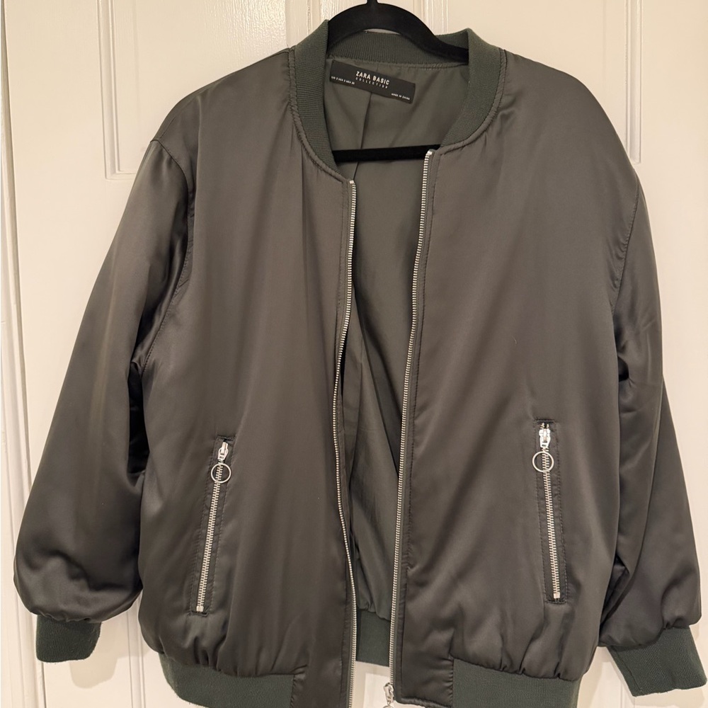 Zara Satin Olive Green Bomber Jacket